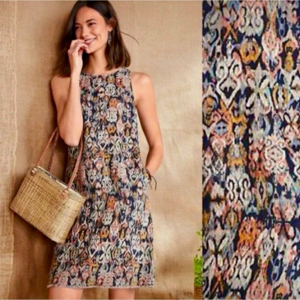 Garnet Hill Linen Dress Fringe Hem A-line Midi Dress